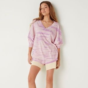 Victoria's Secret PINK Varsity Beach Terry V Neck Long Sleeve Purple Tie Dye L